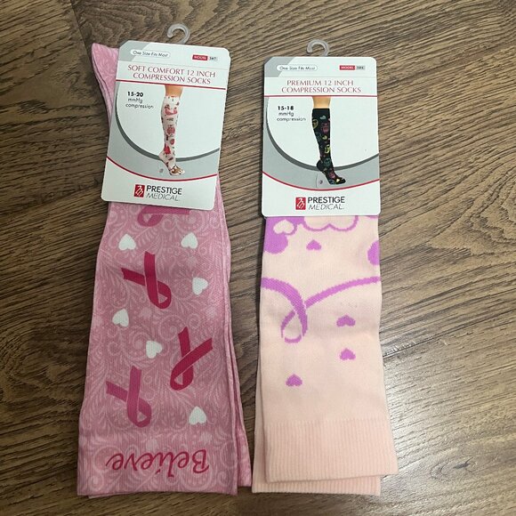 Lot of 2 Breast Cancer Pink Ribbon Awareness Compression Socks - Picture 1 of 2